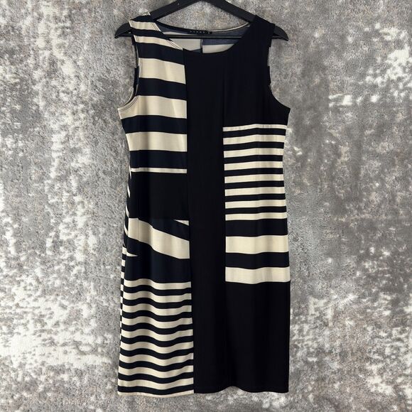Tiana B Size L Striped Abstract Knee Length Shift Dress Ivory Black Sleeveless - Picture 1 of 9